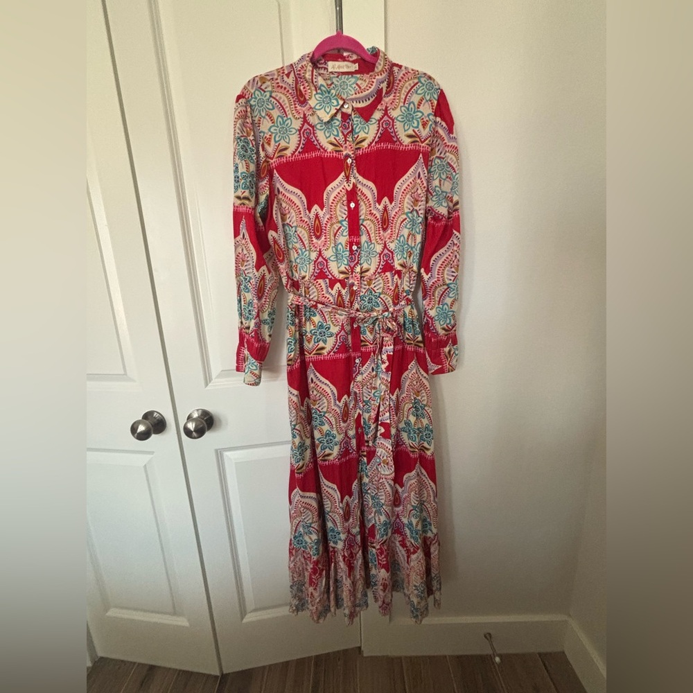 Elegant Red Paisley Long Sleeve Dress